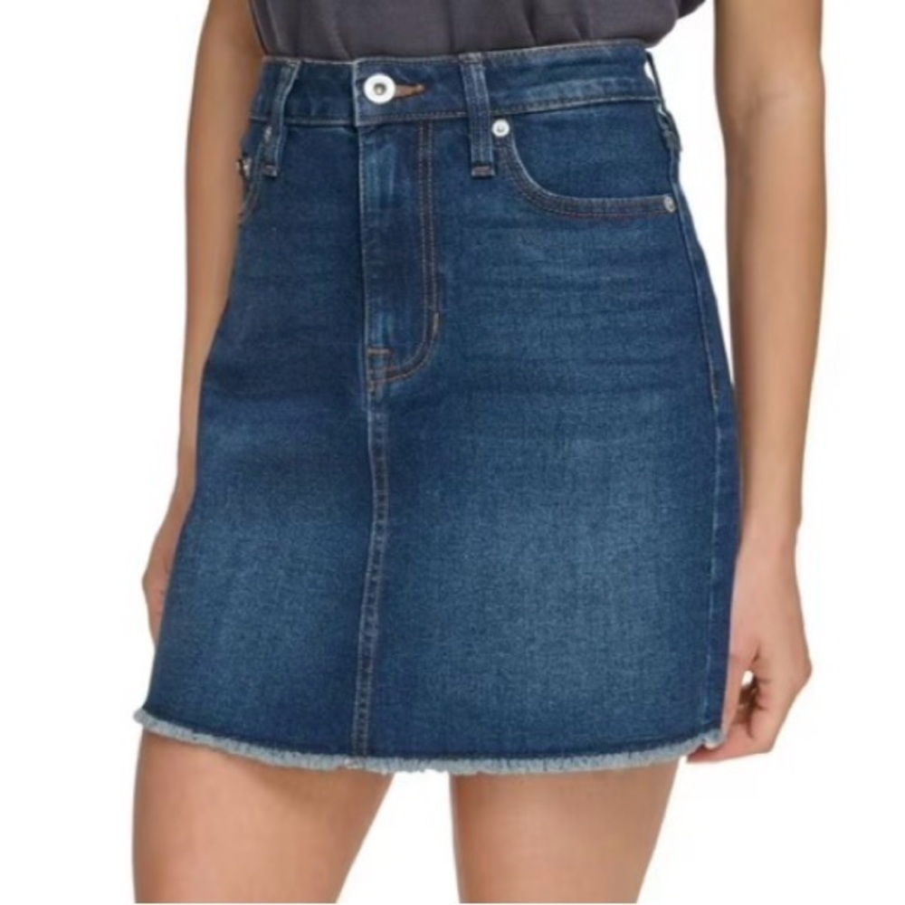DKNY Ladies Denim Skirt Raw Hem Mini High Waist Size 10